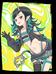  abstract_background belt belt_bra black_border black_gloves black_hair black_jacket black_skirt black_thighhighs blue_belt blue_hair blue_panties border chest_belt clothing_cutout commentary_request cowboy_shot cropped_jacket cross-laced_clothes cross-laced_sleeves demon_girl demon_horns demon_tail female flat_chest garter_straps gloves green_background grey_skirt highleg highleg_panties highres horns jacket k_waremono layered_skirt leaning_forward long_hair long_sleeves looking_at_viewer midriff multicolored_hair nanashi_inc. navel oerba_yun_fang open_clothes open_jacket open_mouth panties pointy_ears red_eyes russian_text shishio_chris shishio_chris_(1st_costume) shoulder_cutout single_thighhigh skirt smile solo sugar_lyric tail thighhighs two-tone_hair underwear virtual_youtuber zipper zipper_skirt 