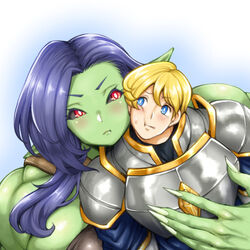  1:1 2020 amano_jack arm_warmers armor armwear black_sclera blonde_hair blue_eyes blue_hair blush bodily_fluids breastplate cheek_to_cheek clothing duo eye_contact female fingernails gold_(metal) green_body green_skin hair heads_together hug hugging_another hugging_from_behind human humanoid humanoid_pointy_ears knight larger_female larger_humanoid long_fingernails long_hair looking_at_another looking_away male male/female mammal metal muscular muscular_female nails not_furry orc pauldron red_eyes sharp_fingernails sharp_nails size_difference smaller_human smaller_male steel sweat warrior 