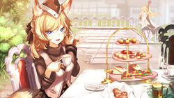  2girls :d animal_ear_fluff animal_ears arknights armor black_gloves black_headwear black_ribbon black_sweater blemishine_(arknights) blonde_hair blue_eyes breasts cake cape chair closed_mouth commentary_request cup food fur-trimmed_cape fur_trim garrison_cap gloves hair_between_eyes hair_ribbon hat hellnyaa highres horse_ears horse_girl horse_tail long_hair long_sleeves looking_at_viewer multiple_girls oerba_yun_fang open_mouth outdoors plate ribbon sitting skin_fang smile solo_focus spoon stairs sweater sweets table tail tea tea_party teacup teapot tiered_tray turtleneck turtleneck_sweater upper_body vest whislash_(arknights) white_cape white_vest 