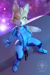  2:3 3d_(artwork) anthro big_breasts breasts canid canine chromakoros clothing digital_media_(artwork) eyelashes female fox fox_mccloud fur green_eyes gun hand_between_legs inviting long_eyelashes looking_up mammal metroid mohawk mtf_crossgender nintendo one_eye_closed ranged_weapon rule_63 sitting solo space spread_legs spreading star_fox tight_clothing weapon white_body white_fur window wink yellow_body yellow_fur zero_suit 