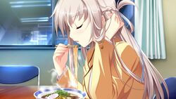  adjusting_hair blazer blonde_hair braid chopsticks closed_eyes eating female food french_braid from_side game_cg hair_between_eyes hair_ribbon half_updo hatsukoi_1/1 holding holding_chopsticks indoors jacket koizumi_amane leaning_forward long_hair long_sleeves makabe_midori noodles open_mouth ramen ribbon school_uniform solo upper_body very_long_hair white_ribbon yellow_jacket 