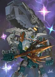  beast_wars beast_wars_ii commission crossover darius_(series) glowing glowing_eyes god_neptune great_thing highres holding holding_sword holding_weapon hukutuuprunes mecha no_humans orange_eyes red_eyes robot science_fiction signature skeb_commission star_(sky) sword transformers weapon 