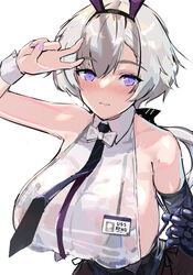  animal_ears azur_lane between_breasts black_bra black_gloves black_necktie blush bra bra_visible_through_clothes breasts closed_mouth commentary_request elbow_gloves expressionless fake_animal_ears female gloves grey_hair haikeiyu heart heart-shaped_pupils large_breasts looking_at_viewer nail_polish necktie necktie_between_breasts off_shoulder official_alternate_costume pink_nails playboy_bunny purple_eyes rabbit_ears reno_(azur_lane) reno_(reno_bunnino)_(azur_lane) short_hair sideboob sideless_shirt single_glove solo symbol-shaped_pupils underwear upper_body v wet wet_clothes white_background 