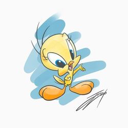  1:1 anthro avian beak bird blue_background blue_eyes canary eyelashes finch fur happy looney_tunes male oscine passerine signature simple_background smile solo standing tweety_bird unknown_artist warner_brothers white_background yellow_body yellow_fur 