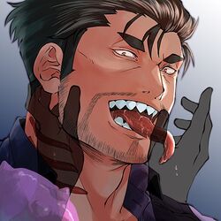  1boy bara beard_stubble bulge collared_shirt dagon_(housamo) dark-skinned_male dark_skin facial_hair fins fish_boy grey_hair long_sideburns long_tongue looking_at_viewer male_focus mature_male mustache_stubble noramoso portrait pov pov_hands saliva sharp_teeth shirt short_hair sideburns slit_pupils stubble teeth thick_eyebrows tokyo_afterschool_summoners tongue tongue_grab tongue_out 