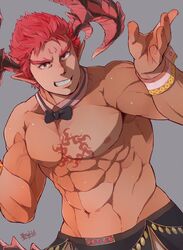  1boy abs apron bara biceps bow bowtie chest_tattoo dark-skinned_male dark_skin demon_boy demon_horns demon_tail detached_collar highres hijirino_yuuta horns ifrit_(housamo) male_focus monster_boy muscular muscular_male navel nipples official_alternate_costume orange_eyes pectorals pointy_ears red_hair short_hair smile solo spiked_hair stomach tail tattoo tokyo_afterschool_summoners topless_male veins waist_apron waiter wrist_cuffs 