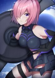  absurdres armor armored_leotard bare_shoulders black_armor black_leotard blue_sky breastplate clothing_cutout cloud commentary detached_sleeves elbow_gloves fallstreak_hole fate/grand_order fate_(series) female gloves hair_over_one_eye highres holding holding_shield holding_weapon izzu leotard light_purple_hair looking_at_viewer lord_camelot_(fate) mash_kyrielight one_eye_covered parted_lips pixiv_fate/grand_order_contest_1 purple_eyes serious shield short_hair sky solo teeth thighhighs thighs weapon 