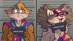  16:9 anthro barbie_(doll) barbie_(film) barbie_and_ken_mugshot_meme black_whiskers clothing domestic_cat drill_curls duo felid feline felis female hair hi_res looking_at_viewer male mammal mattel mature_female mature_male mugshot open_mouth scared seth_park_(sketchybug) shirt sketchybug smile tank_top topwear trina_park_(sketchybug) visor whiskers widescreen 