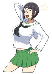  ;d alternate_costume arm_behind_head arm_up black_eyes black_hair blouse chouno_ami commentary_request cowboy_shot cropped_legs female girls_und_panzer green_skirt hand_on_own_hip highres long_sleeves looking_at_viewer midriff midriff_peek miniskirt navel neckerchief one_eye_closed ooarai_school_uniform open_mouth pleated_skirt pose protected_link sailor_collar school_uniform serafuku shirt short_hair simple_background skirt smile solo standing star_(symbol) swept_bangs white_background white_sailor_collar white_shirt yougata 