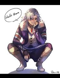  1boy alvis_(xenoblade) boots english_text full_body fur_trim grey_hair hand_on_own_face highres jewelry male_focus mirin. pendant simple_background solo speech_bubble squatting twitter_username white_background white_footwear xenoblade_chronicles_(series) xenoblade_chronicles_1 