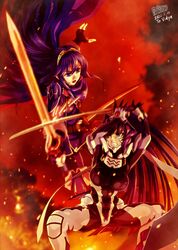  2girls black_gloves blue_hair breasts commission crossover falchion_(fire_emblem) fighting fingerless_gloves fire fire_emblem fire_emblem_awakening floating_hair fortified_suit gloves hair_intakes highres holding holding_sword holding_weapon katana lucina_(fire_emblem) medium_breasts mitsurugi_meiya multiple_girls muv-luv muv-luv_alternative open_hand pilot_suit ponytail popgun_(22882502) science_fiction skeb_commission smoke squatting sword sword_clash v-shaped_eyebrows weapon 