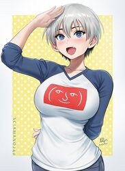  :d blue_eyes blush breasts commentary ear_blush emoticon female grey_hair hair_between_eyes large_breasts lenny_face oerba_yun_fang open_mouth polka_dot polka_dot_background revision salute sciamano240 short_hair smile solo standing sugoi_dekai uzaki-chan_wa_asobitai! uzaki_hana 