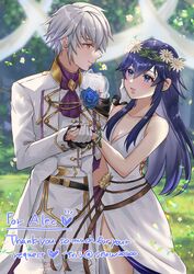  1boy bare_shoulders blue_eyes blue_flower blue_hair blurry breasts cleavage commission dress female fire_emblem fire_emblem_awakening fire_emblem_heroes flower flower_wreath formal gloves grabbing_another&#039;s_hand highres long_hair looking_at_another lucina_(fire_emblem) lucina_(valentine)_(fire_emblem) parted_lips plunging_neckline robin_(fire_emblem) robin_(male)_(fire_emblem) robin_(male)_(groom)_(fire_emblem) signature skeb_commission small_breasts smile snow20200 suit tuxedo white_dress white_flower white_gloves white_hair white_suit yellow_eyes 