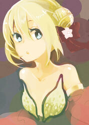  :o bikini blonde_hair blue_eyes bow breasts commentary_request detached_sleeves double_bun female flower gypsy_(ragnarok_online) hair_between_eyes hair_bun hair_flower hair_ornament hairbow looking_to_the_side negi_mugiya open_mouth pink_flower ragnarok_online red_bow red_sleeves sequins short_hair small_breasts solo strapless strapless_bikini swimsuit upper_body yellow_bikini 