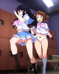  2girls :o ahoge archway_of_venus asymmetrical_bangs asymmetrical_hair bangs bare_legs bench black_hair black_kneehighs black_legwear black_socks blue_skirt blurry blush bow bow_panties brown_eyes brown_hair ceiling_light changing_room chasing depth_of_field female floating_hair footwear full_body gluteal_fold groin hibike!_euphonium high_resolution indoors knee_socks kneehighs kneesocks kousaka_reina leg_up legs locker locker_room long_hair looking_ahead looking_at_another looking_at_viewer medium_hair multiple_girls navel neckerchief no_pants no_shoes no_skirt official_style one_leg_raised open_mouth oumae_kumiko panchira pantsu pink_neckerchief pink_neckwear pink_panties pleated_skirt purple_eyes red_bow round_teeth running sailor_collar sailor_shirt sbel02 school_uniform serafuku shirt short_hair short_sleeves skirt smile socks standing standing_on_one_leg tagme tareme teeth underwear uniform white_kneehighs white_legwear white_panties white_shirt white_socks white_underwear yellow_eyes 