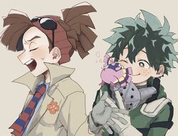  2boys bird blue_shirt blush blush_stickers boku_no_hero_academia brown_background brown_hair closed_mouth commentary_request eyewear_on_headwear freckles from_side gloves green_eyes green_hair hair_between_eyes headband heart highres jacket male_focus midoriya_izuku multicolored_necktie multiple_boys necktie one_eye_closed open_mouth pino_(boku_no_hero_academia) red_headband red_headwear rody_soul shirt simple_background smile suika_yarou_84 sunglasses superhero_costume sweatdrop teeth two-tone_necktie white_gloves 