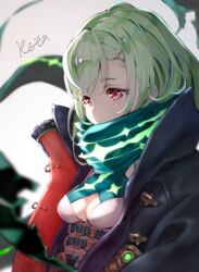  bad_id bad_pixiv_id black_jacket blurry blurry_background breasts commentary_request covered_mouth depth_of_field female green_hair green_scarf grey_background highres hoshizaki_reita jacket little_match_girl_(sinoalice) looking_away open_clothes open_jacket red_eyes scarf signature sinoalice small_breasts solo upper_body 