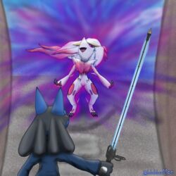  1:1 angry anthro blubluumon clothing cosplay duo energy fu_(no_more_heroes) generation_4_pokemon generation_8_pokemon hi_res hisuian_form hisuian_zoroark jacket jean_baptiste_vi_(no_more_heroes) laser_sword lucario male melee_weapon nintendo no_more_heroes open_mouth pink_eyes pokemon pokemon_(species) pokemon_legends_arceus regional_form_(pokemon) sand screaming sword topwear travis_touchdown weapon 