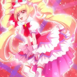  aisaki_emiru blonde_hair bow bowtie cure_macherie curly_hair dress earrings female gloves hairbow highres hugtto!_precure jewelry layered_dress long_hair looking_away magical_girl nijigami_rin open_mouth pom_pom_(clothes) pom_pom_earrings precure puffy_sleeves red_background red_bow red_bowtie red_eyes smile solo thighhighs twintails white_gloves white_thighhighs 