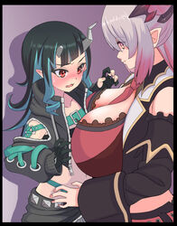  2girls belt belt_bra between_breasts black_border black_gloves black_hair black_jacket black_skirt black_sleeves blue_belt blue_hair blush border breast_envy breasts chest_belt closed_mouth clothing_cutout commentary_request cropped_jacket cross-laced_clothes cross-laced_sleeves demon_girl demon_horns detached_sleeves flat_chest gloves gradient_hair grey_hair grey_skirt highleg highleg_panties highres honey_strap horns huge_breasts jacket k_waremono layered_skirt long_hair long_sleeves looking_at_another looking_at_breasts midriff multicolored_hair multiple_girls nanashi_inc. navel necktie necktie_between_breasts nose_blush oerba_yun_fang open_clothes open_jacket open_mouth open_vest panties partially_fingerless_gloves pink_hair pointy_ears purple_background red_eyes red_necktie shishio_chris shishio_chris_(1st_costume) shoulder_cutout simple_background skirt smile sugar_lyric suou_patra sweatdrop two-tone_hair underwear vest virtual_youtuber white_vest zipper_skirt 