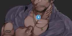  1boy bara beard_stubble clenched_hand collared_shirt dagon_(housamo) dark-skinned_male dark_skin facial_hair fake_video fins fish_boy grey_hair head_out_of_frame jewelry large_pectorals long_sideburns male_focus mature_male muscular muscular_male mustache_stubble necklace noramoso pectoral_cleavage pectoral_focus pectorals purple_shirt shirt short_hair sideburns slit_pupils smile solo stubble thick_eyebrows tokyo_afterschool_summoners undressing 