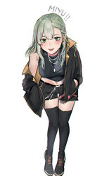  black_footwear black_jacket black_shorts black_thighhighs chains female full_body grey_hair hands_in_pockets hievasp highres jacket medium_hair midriff_peek miyu_ottavia miyu_ottavia_(2nd_costume) multicolored_hair navel nijisanji nijisanji_id off_shoulder open_mouth purple_hair shoes shorts smile sneakers solo streaked_hair thighhighs virtual_youtuber 