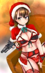  armchair azuma_itsuki bra breasts brown_eyes brown_hair capelet chair christmas cleavage closed_mouth commentary female fingerless_gloves frilled_bra frills fur-trimmed_capelet fur_trim garter_belt gloves gun handgun hat highres holding holding_gun holding_weapon large_breasts lingerie looking_at_viewer microskirt navel on_chair panties red_bra red_capelet red_garter_belt red_gloves red_hat red_panties red_skirt red_thighhighs revolver santa_costume santa_hat short_hair sitting sitting_sideways skirt smile solo string_panties tapioca_western thighhighs tokihama_jirou trigger_discipline underwear weapon 