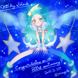  anniversary blue_background blue_eyes blue_footwear blue_hair blue_legwear blue_skirt blue_theme bubble_skirt closed_mouth commentary congratulations cure_milky dated earrings female frown full_body hagoromo_lala hair_ornament highres jewelry legs_apart looking_at_viewer magical_girl nijigami_rin precure puffy_sleeves see-through see-through_sleeves serious shoes short_hair sidelocks single_bare_leg single_leg_pantyhose skirt solo standing star-shaped_pupils star_(symbol) star_earrings star_hair_ornament star_twinkle_precure starry_background symbol-shaped_pupils twitter_username wrist_cuffs 