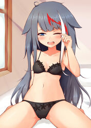  ;o asuto3 azur_lane bed bed_sheet black_bra black_panties blue_eyes blunt_bangs bra breasts cleavage collarbone commentary_request deutschland_(azur_lane) female finger_to_eye from_below grey_hair hair_flaps highres long_hair looking_at_viewer messy_hair midriff multicolored_hair navel one_eye_closed open_mouth panties sidelocks sitting small_breasts solo underwear waking_up wariza 