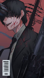  1boy black_hair black_jacket black_necktie blood blood_on_face blood_splatter business_suit chainsaw_man collared_shirt formal gun gun_fiend_(chainsaw_man) hair_down hayakawa_aki highres jacket kyousuke_(sskkyoy) looking_at_viewer necktie open_mouth shirt short_hair smile spoilers suit weapon white_shirt 