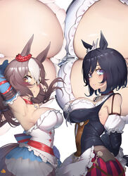  2girls animal_ears armpits arms_behind_back arms_behind_head arms_up bare_shoulders black_hair blue_eyes blue_hair breast_press breasts brown_hair cleavage closed_mouth collarbone cowboy_shot dark_blue_hair detached_sleeves dirndl downblouse dress ear_ribbon eishin_flash_(umamusume) floating_hair frilled_dress frills from_above from_side german_clothes hair_between_eyes highres horse_ears horse_girl horse_tail jewelry keyfanjun large_breasts long_hair looking_at_viewer low_neckline medium_hair multicolored_hair multiple_girls necklace orange_eyes projected_inset sideboob sideways_glance strapless strapless_dress streaked_hair swept_bangs symmetrical_docking tail umamusume white_hair yamanin_zephyr_(umamusume) 