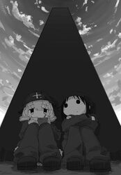  2girls chito_(shoujo_shuumatsu_ryokou) coat commentary crossed_arms from_below greyscale helmet highres knees_up leoleonardk10 long_hair long_sleeves monochrome monolith_(object) multiple_girls outdoors shoujo_shuumatsu_ryokou sitting yuuri_(shoujo_shuumatsu_ryokou) 