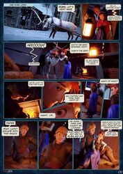  1boy 1girls 3d anna_(frozen) comic disney english_text female fireboxstudio fireplace frozen_(film) hut kristoff_(frozen) male night page_2 shackle snow sven_(frozen) text_bubble warming_up 