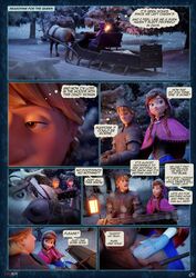  1boy 1girls 3d anna_(frozen) carriage comic disney english_text erection_under_clothes female fireboxstudio frozen_(film) kristoff_(frozen) male night outdoors page_1 snow sven_(frozen) text_bubble 