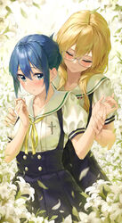  2girls absurdres banana_oekaki blonde_hair blue_eyes blue_hair blush chibana_sumika closed_mouth collarbone commentary_request cross embarrassed fingernails flower glasses hair_between_eyes hand_on_another&#039;s_arm highres holding_another&#039;s_wrist liebe_girls_academy_school_uniform lily_(flower) looking_at_viewer mamiya_kanoko multiple_girls sailor_collar school_uniform serafuku short_sleeves sidelocks skirt smile standing watashi_no_yuri_wa_oshigoto_desu! white_flower white_sailor_collar yuri 