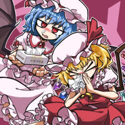  &gt;_&lt; 2girls alice_margatroid amerika_zarigani ascot black_wings blonde_hair blowing_nose blue_hair blush closed_eyes commentary_request cookie_(touhou) cowboy_shot crystal demon_wings dutch_angle flandre_scarlet frilled_shirt frilled_shirt_collar frilled_skirt frilled_sleeves frills hat highres hinase_(cookie) looking_at_viewer mob_cap multiple_girls oerba_yun_fang open_mouth pink_background pink_headwear pink_shirt pink_skirt puffy_short_sleeves puffy_sleeves red_eyes red_sash red_skirt red_vest remilia_scarlet sakura_(cookie) sash shirt short_hair short_sleeves skirt tissue tissue_box touhou vest wings yellow_ascot yuno_(cookie) 