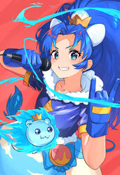  \m/ blue_eyes blue_gloves blue_hair blue_jacket collarbone crystal_animal_(precure) cure_gelato female gloves gold_crown grin hair_intakes highres holding holding_microphone jacket kirakira_precure_a_la_mode long_hair microphone myoumatsu_kaori pointed_crown precure red_background short_sleeves smile solo tategami_aoi 