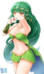  absurdres adjusting_hair bloom bracer breasts circlet clothing_cutout collarbone commentary_request commission cup female gold_trim green_hair green_skirt hair_flip hair_lift highres holding holding_cup irena_(maplestory) korean_commentary large_breasts linea_alba long_hair looking_at_viewer maplestory midriff miniskirt mixed-language_commentary navel orange_eyes parted_lips poolpool signature simple_background skirt solo stomach_cutout thighs very_long_hair white_background 