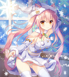  ameto_yuki animal_ears ass_visible_through_thighs blush breasts brown_eyes cat_ears cat_tail detached_collar detached_sleeves dress ears_through_headwear female fur_trim hat looking_at_viewer macaron_(ameto_yuki) medium_breasts original panties pink_hair santa_hat side-tie_panties smile snowflakes strapless strapless_dress striped_clothes striped_panties tail thighhighs twintails underwear white_thighhighs 