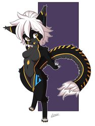  android anthro black_body breasts cute_fangs dipstick_tail featureless_breasts featureless_crotch felid feline female fur fur_markings grey_body hair hi_res machine mammal markings robot signature solo tail tail_markings vinael warning_(fluff-kevlar) white_hair 