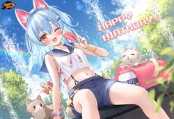  :d absurdres animal animal_ears bag blue_hair commentary copyright_name day english_commentary fake_animal_ears feline female food fountain happy_birthday highres holding holding_food igarashi_haruna logo mahjong_soul medium_hair midriff navel oerba_yun_fang official_art official_wallpaper one_eye_closed outdoors popsicle rainbow red_eyes school_uniform serafuku short_shorts shorts smile solo suspenders suyamori sweatband tree 