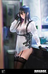  absurdres black_bra black_gloves black_hair black_thighhighs blurry blurry_background bra chinese_commentary closed_mouth collared_shirt commentary_request earrings female garter_straps gloves green_eyes gun h&amp;k_mp5k hair_between_eyes heckler_&amp;_koch highres holding holding_phone jewelry lips long_sleeves looking_at_viewer payday_(series) phone shirt solo standing submachine_gun thighhighs tiewan underwear weapon wet wet_clothes wet_shirt white_shirt 