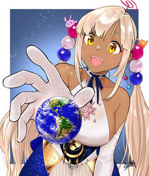  breasts collarbone dark-skinned_female dark_skin earth_(planet) elbow_gloves female giant giantess gloves hair_ornament halterneck highres hololive hololive_english kaniko_(tsukumo_sana) large_breasts light_brown_hair limiter_(tsukumo_sana) long_hair open_mouth planet planet_hair_ornament signature smile solo takuji_yuusaku tsukumo_sana tsukumo_sana_(1st_costume) twintails usaslug_(tsukumo_sana) very_long_hair virtual_youtuber white_gloves yellow_eyes 