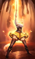  absurdres arm_up boots breasts censored charlotte_(madoka_magica) corset elbow_gloves female gloves gun gundam headless highres juliet_sleeves knee_boots large_breasts last_shooting long_sleeves magical_girl magical_musket mahou_shoujo_madoka_magica mahou_shoujo_madoka_magica_(anime) mami_mogu_mogu mobile_suit_gundam mosaic_censoring parody puffy_sleeves shiburingaru skirt striped_clothes striped_thighhighs thighhighs thighs tomoe_mami tomoe_mami_(magical_girl) vertical-striped_clothes vertical-striped_thighhighs weapon witch_(madoka_magica) yellow_skirt zettai_ryouiki 