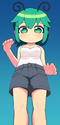  alternate_costume antennae black_shorts blue_background blush breasts camisole closed_mouth commentary feet_out_of_frame female gradient_background green_eyes green_hair highres looking_at_viewer looking_down short_hair shorts small_breasts solo touhou ugif white_camisole wriggle_nightbug 