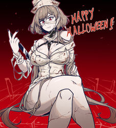  absurdres bandages bare_shoulders black_nails blood blood_on_clothes blood_on_face braid breasts cleavage closed_mouth crossed_legs dinoyhs feet_out_of_frame female girls&#039;_frontline halloween happy_halloween hat highres holding holding_knife knife kord_(girls&#039;_frontline) korean_commentary light_brown_hair long_hair looking_at_viewer medium_breasts nail_polish nurse nurse_cap off_shoulder red_eyes simple_background sitting solo thighs white_hat 