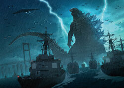  aircraft airplane bridge cloud cloudy_sky commentary_request destroyer drone fighter_jet giant giant_monster godzilla godzilla_(monsterverse) godzilla_(series) highres jet kaijuu lightning looking_away military military_vehicle monster no_humans open_mouth rain sharp_teeth ship sky spines standing storm suspension_bridge suttoko tail teeth warship water watercraft 