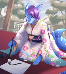  absurd_res asian_clothing big_breasts big_tail blue_body blue_skin breasts calligraphy_brush carpet_shark clothing detailed_background east_asian_clothing female fish flower_kimono green_eyes hair hi_res japanese_clothing ketzel99 kimono looking_down marine purple_hair rigel_(1stsavagery) shark solo tail whale_shark white_body white_skin 