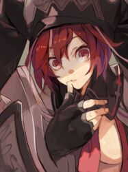  bow bowtie breasts cleavage female fingerless_gloves gloves guilty_gear guilty_gear_2 hat hyakuhachi_(over3) jester_cap medium_breasts necktie red_eyes red_hair red_necktie short_hair solo valentine_(guilty_gear) 