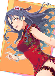  bare_shoulders black_hair blush bracelet breasts china_dress chinese_clothes cowboy_shot dress female floral_print frilled_dress frills from_side hair_ornament hand_up highres idolmaster idolmaster_million_live! idolmaster_million_live!_theater_days jewelry long_hair looking_at_another medium_breasts multicolored_background no_eyewear open_mouth print_dress red_dress red_eyes sanada_(tony2035176) smile solo standing takayama_sayoko teeth thigh_strap upper_teeth_only 